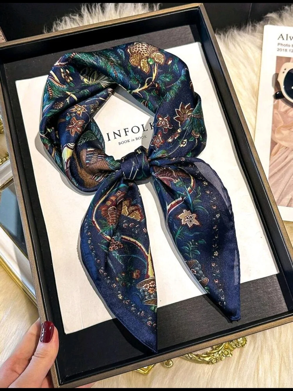 Silk-Like Floral Print Square Scarf in Navy 27.6